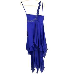 Y2K Fairygrunge Prom Dress Sz 3/4 Blue Purple Beaded One Shoulder Asymmetric Hem